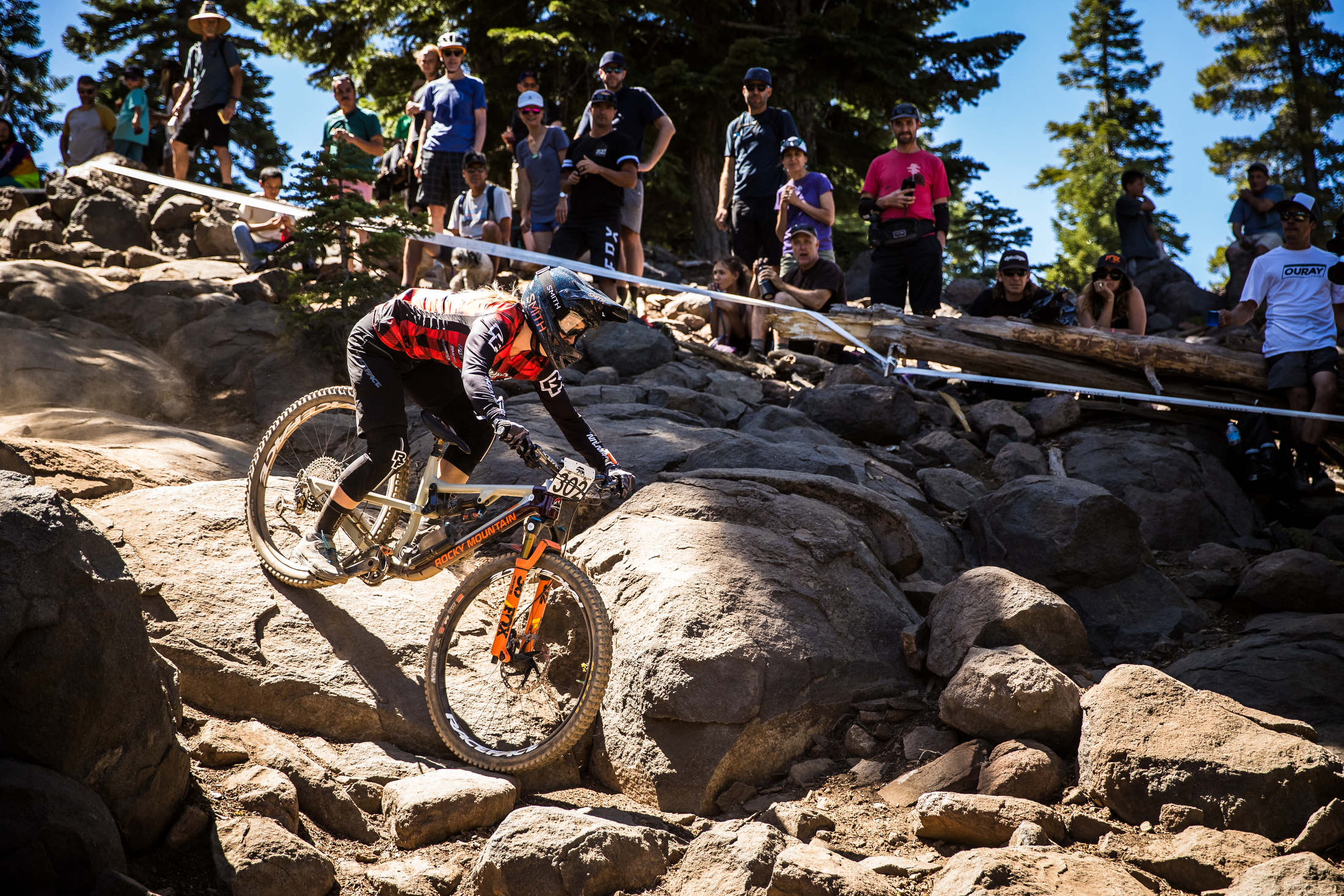 Andreane Lanthier Nadeau keeps her eyes up through an off-camber rock section.